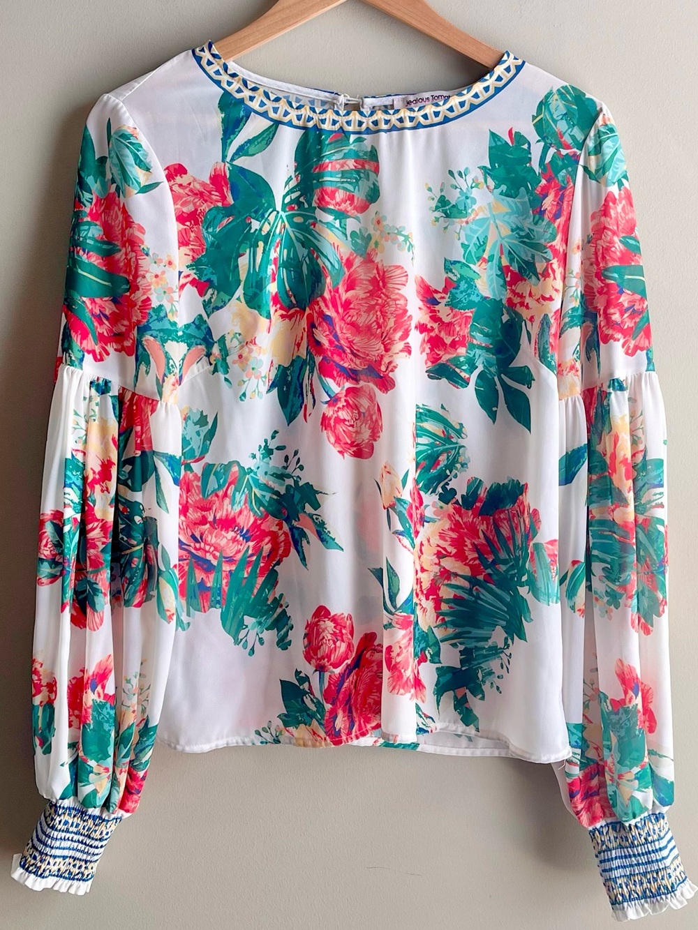 Flying Tomato White Blouse with Coral & Green Floral Print